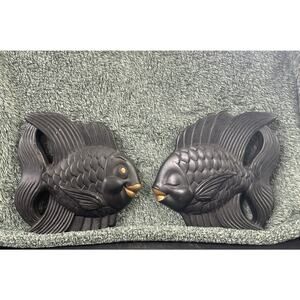 Pair of Miller Studio's Chalkware Kissing Fish RARE All Black Gold Accent